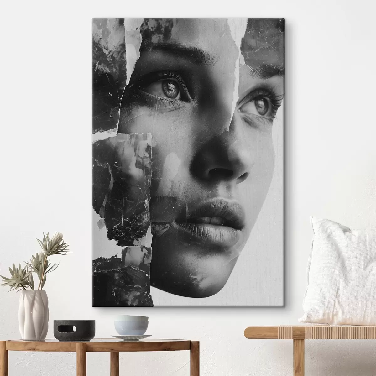 Obraz Černobílý kolážový portrét s roztrhanými texturovanými vrstvami Č. s45898