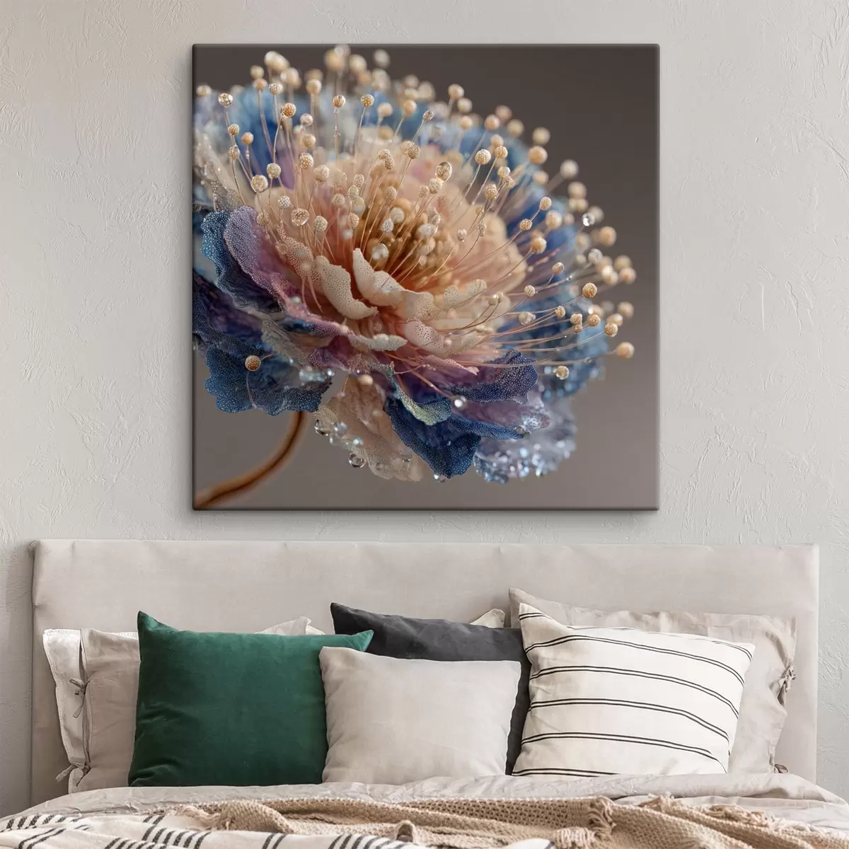 Obraz Perleťový květ s kapkami rosy, broskvově modré okvětní lístky Č. s45911