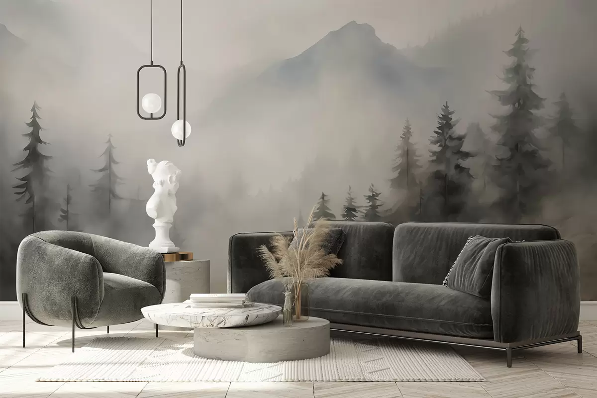 Fototapet Les v mlze na pozadí hor w04493