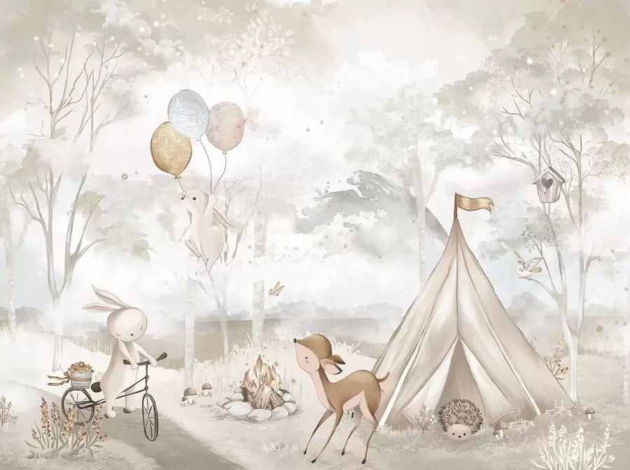 Fototapet Dětský tábor v teplých béžových tónech, stan a lesní zvířata w04671