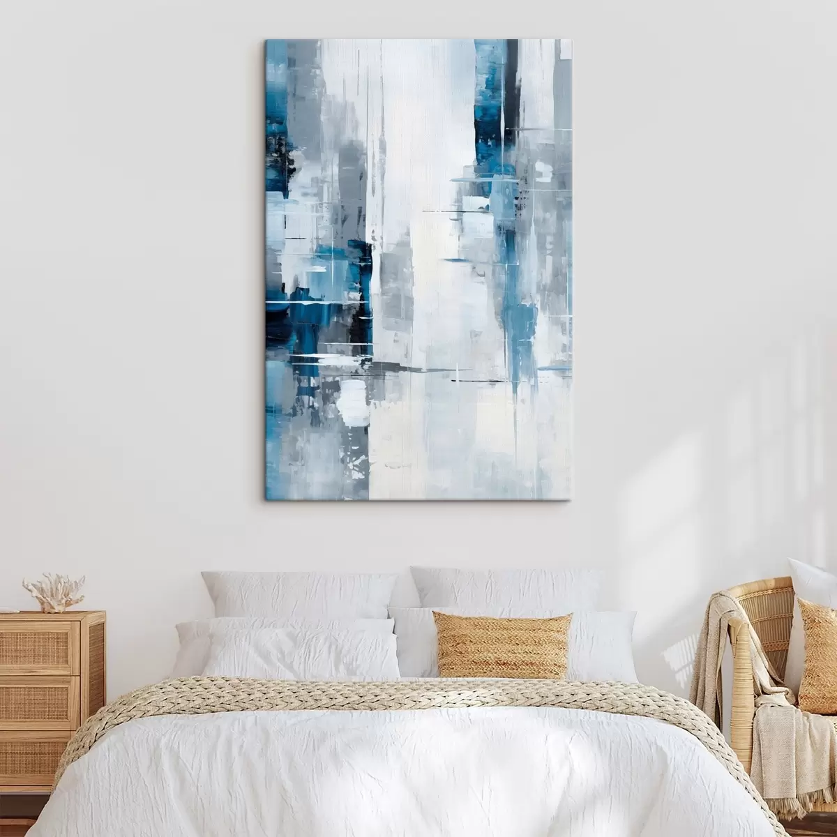 Obraz Abstraktní malba imitující modrou, šedou a bílou barvu, svislé čáry a geometrické tvary Č. s45926