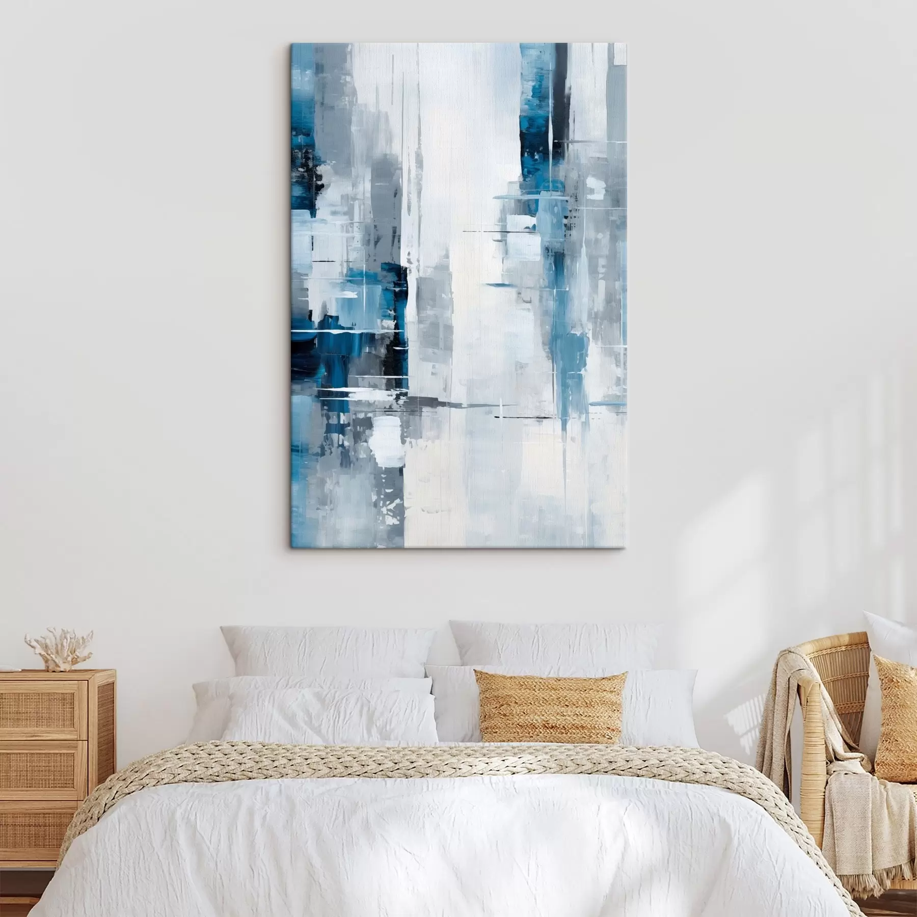 Obraz Abstraktní malba imitující modrou, šedou a bílou barvu, svislé čáry a geometrické tvary Č. s45926