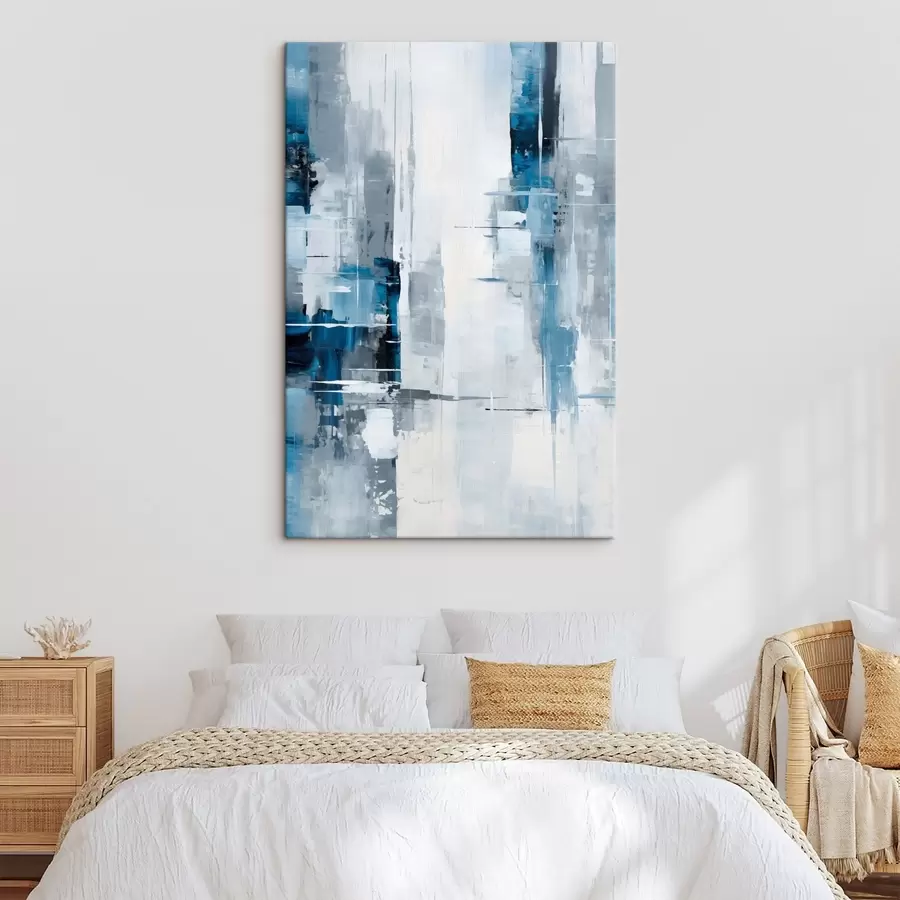 Obraz Abstraktní malba imitující modrou, šedou a bílou barvu, svislé čáry a geometrické tvary Č. s45926