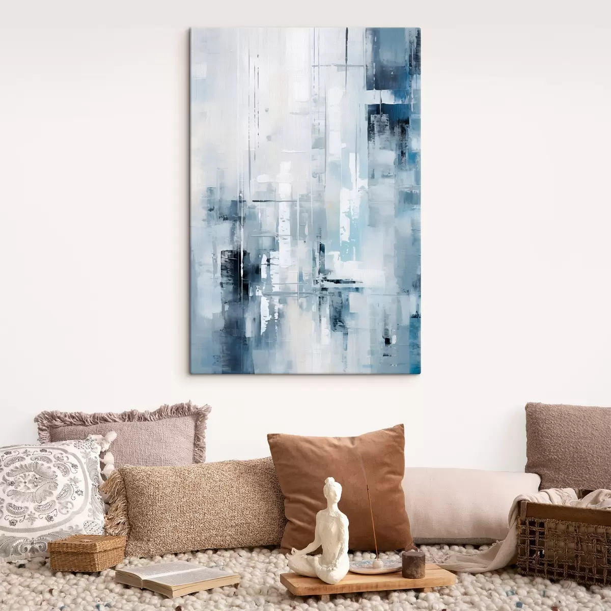 Obraz Abstraktní malba imitující modrou, šedou a bílou barvu, svislé čáry a geometrické tvary Č. s45927