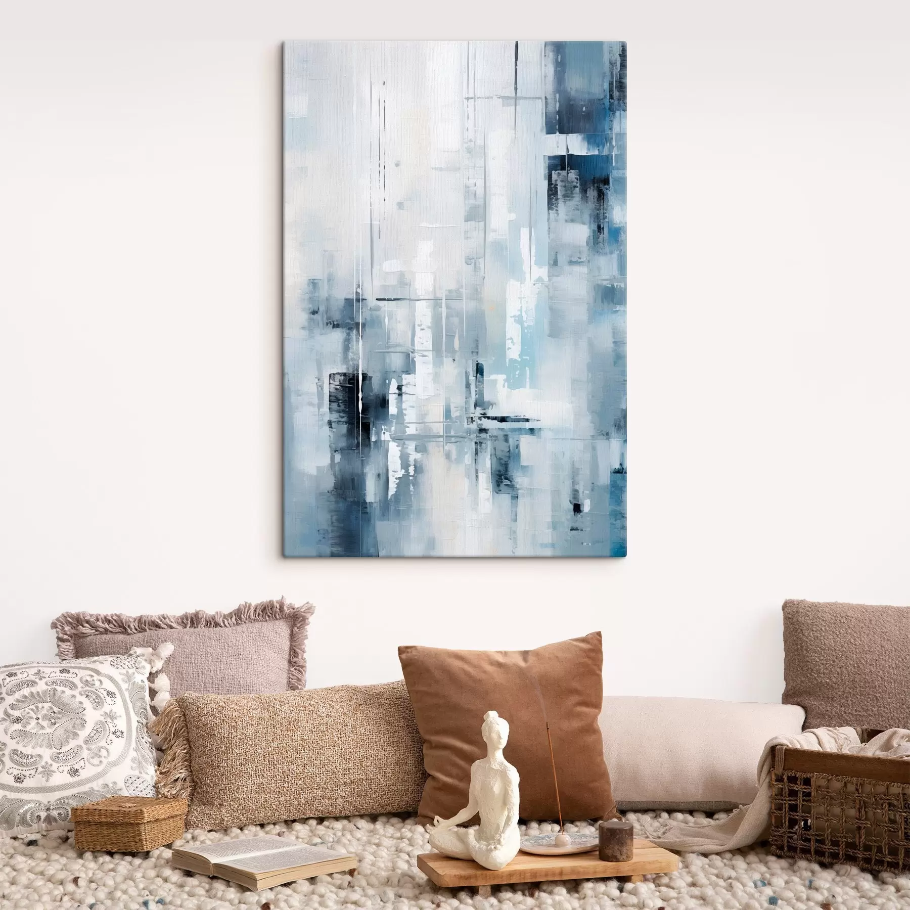 Obraz Abstraktní malba imitující modrou, šedou a bílou barvu, svislé čáry a geometrické tvary Č. s45927