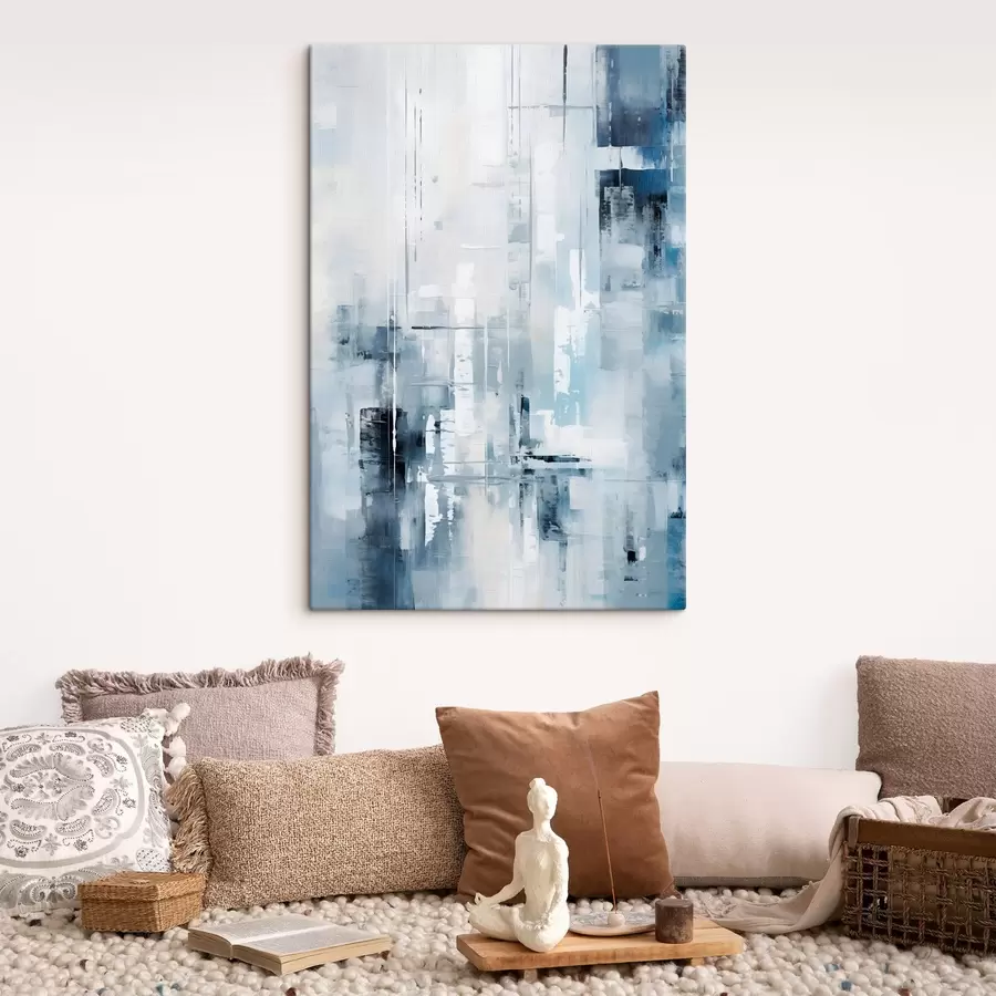 Obraz Abstraktní malba imitující modrou, šedou a bílou barvu, svislé čáry a geometrické tvary Č. s45927