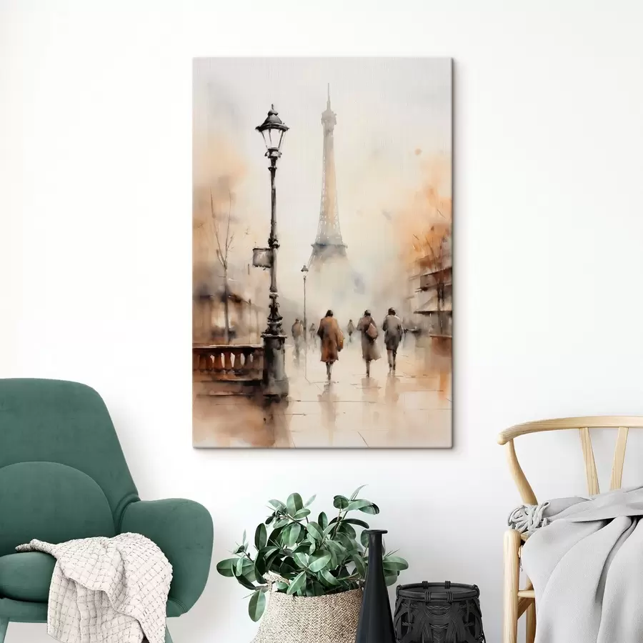 Obraz Deštivý podzimní den v Paříži s Eiffelovou věží v pozadí a vintage pouličními lampami Č. s45931