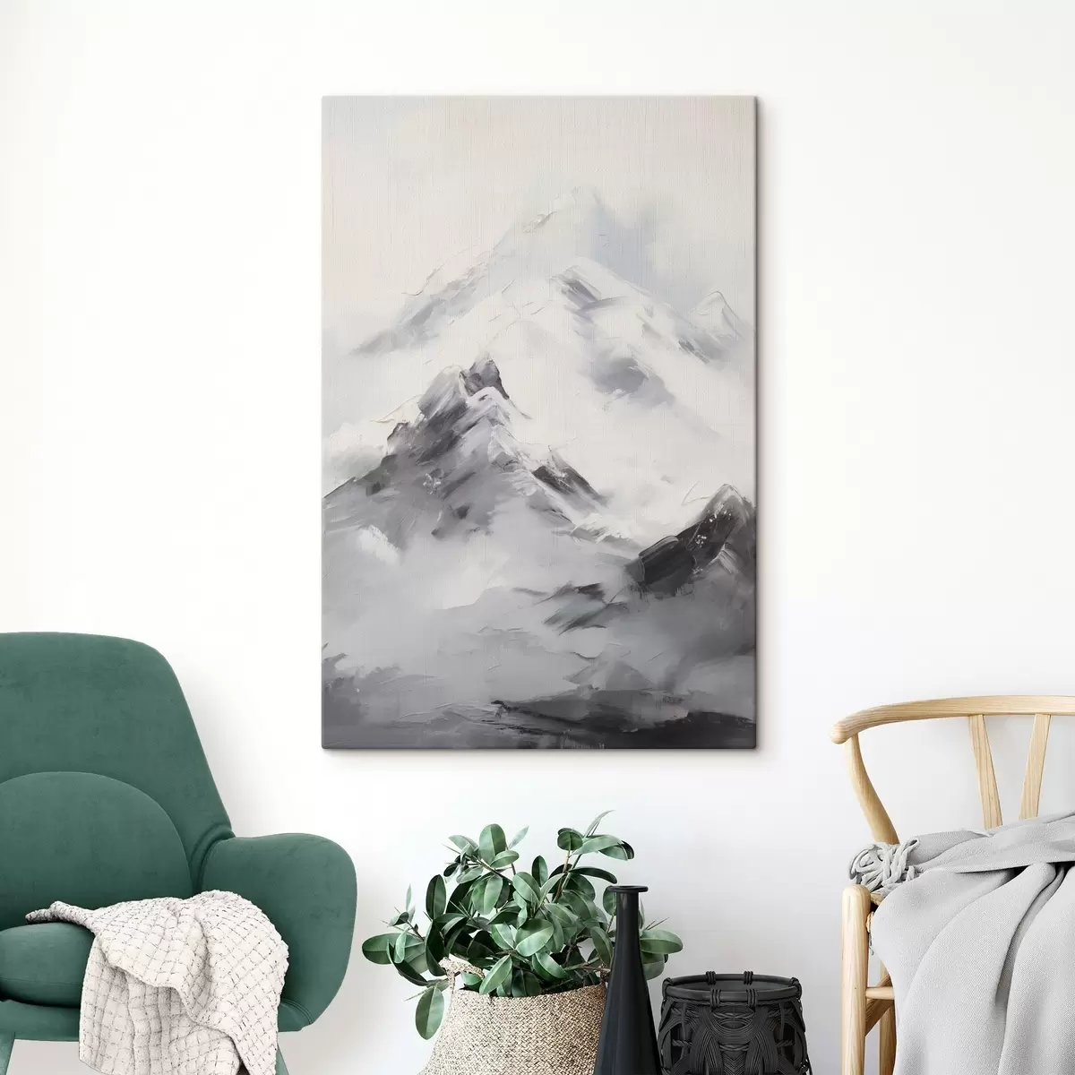 Obraz Zasněžené horské vrcholy se šedými stíny, šedá obloha, tahy štětcem, texturované, minimalistické Č. s45933