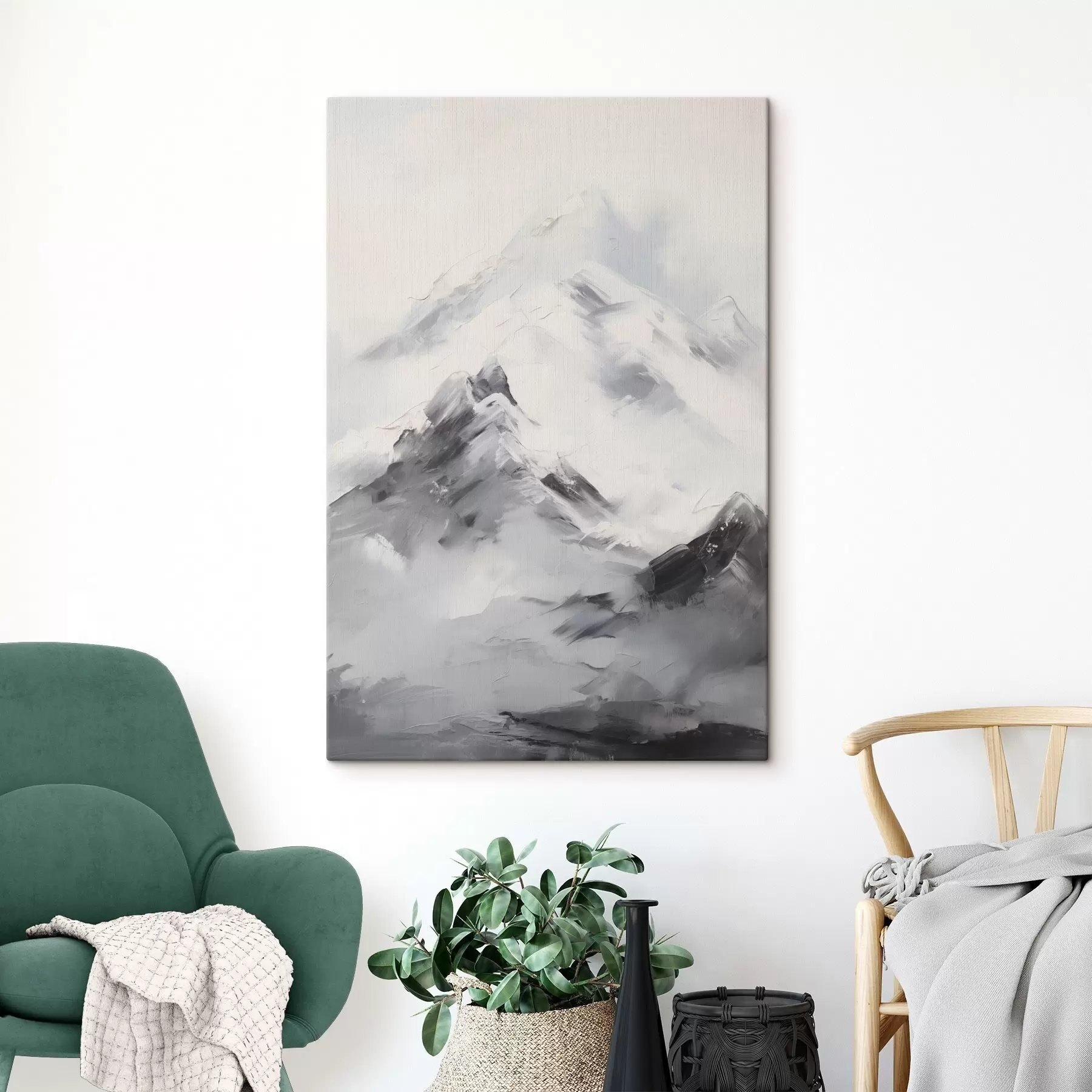 Fototapet Zasněžené horské vrcholy se šedými stíny, šedá obloha, tahy štětcem, texturované, minimalistické s45933