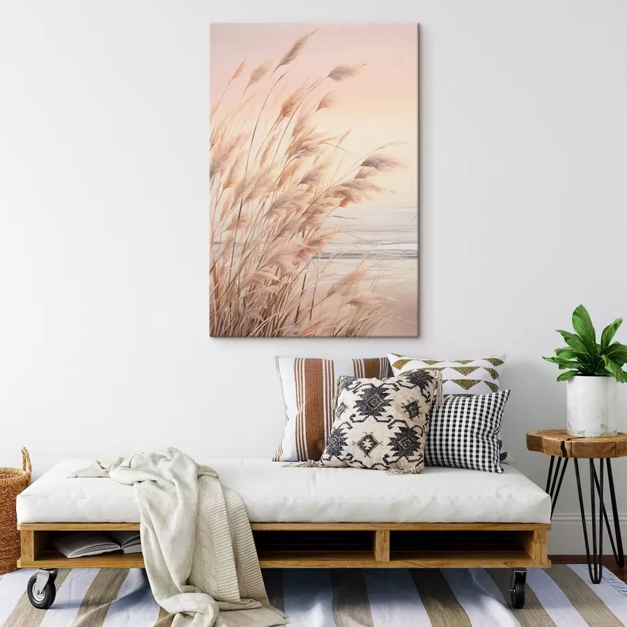 Obraz Pampová tráva v pastelových oranžových barvách, světle růžová obloha, klidná krajina Č. s45934