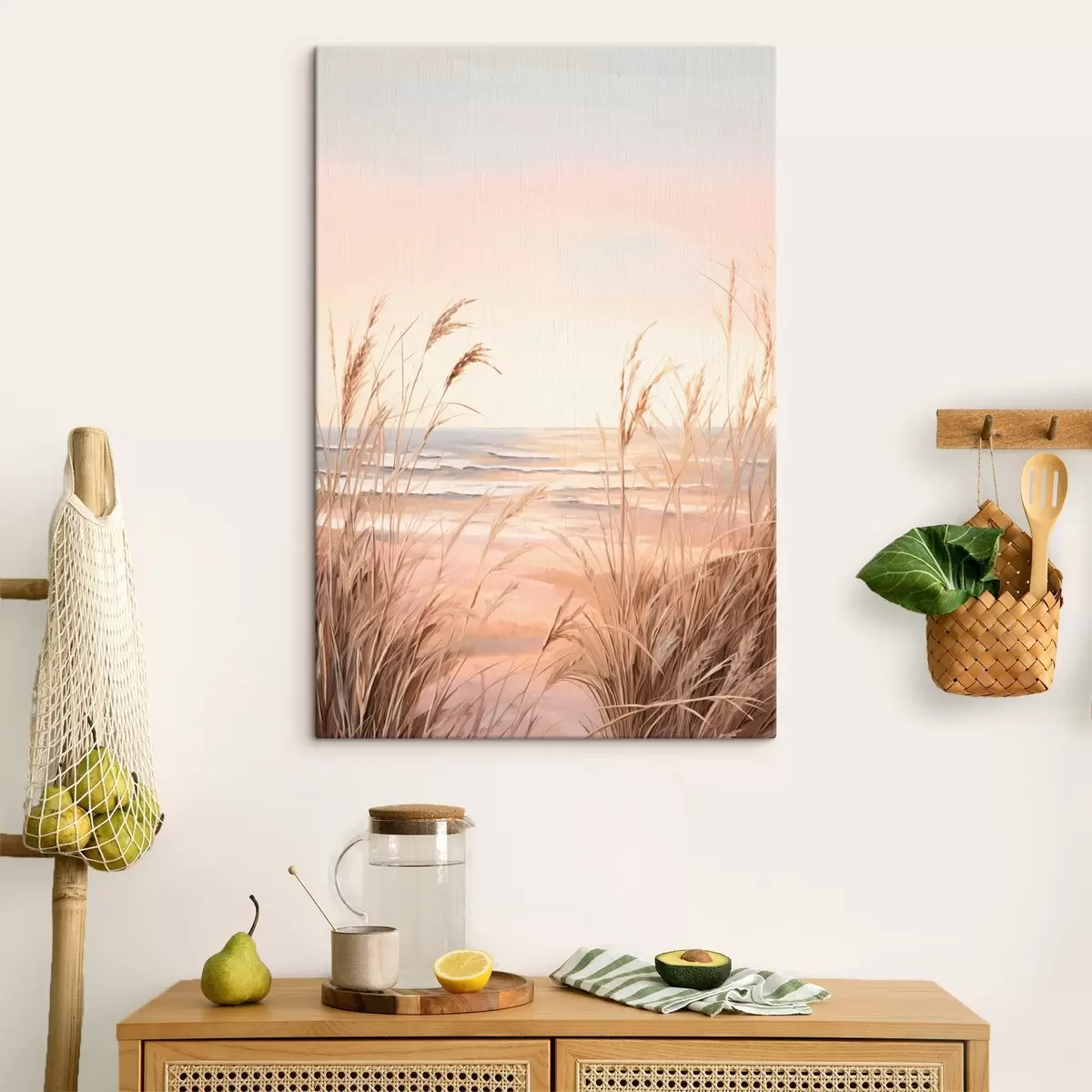 Obraz Pampová tráva v pastelových oranžových barvách, světle růžová obloha, klidná krajina Č. s45935