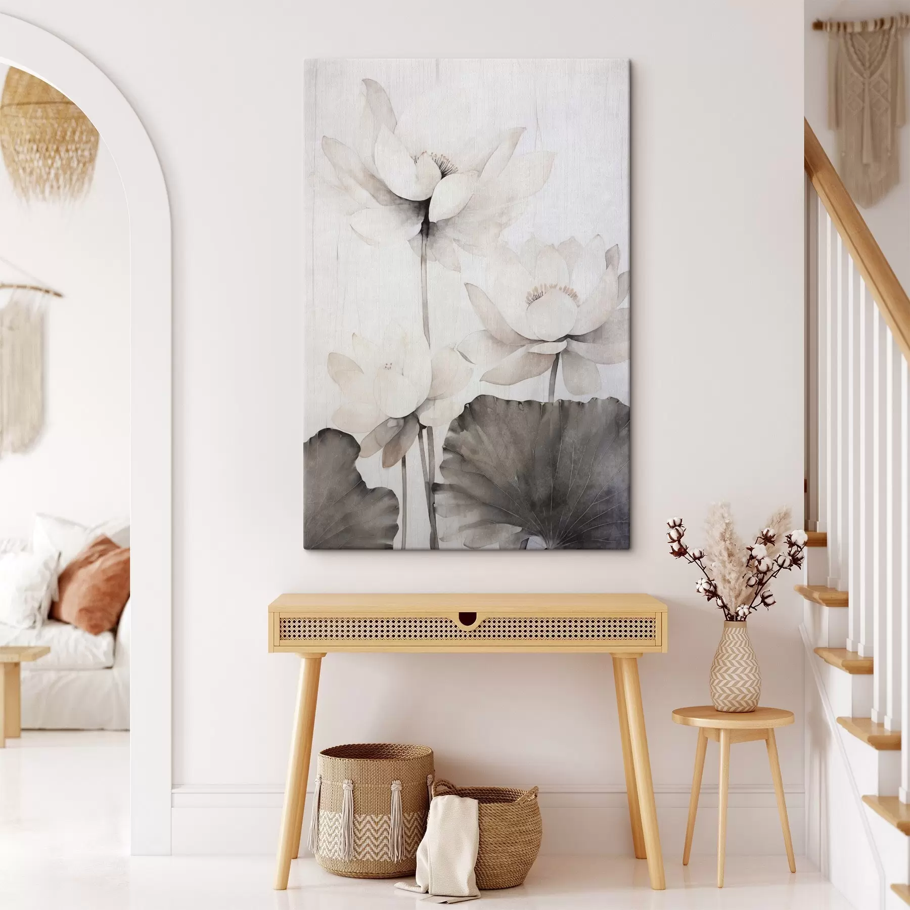 Obraz Bílé texturované lotosové květy s tmavými listy, světlé pozadí, minimalistický design Č. s45936