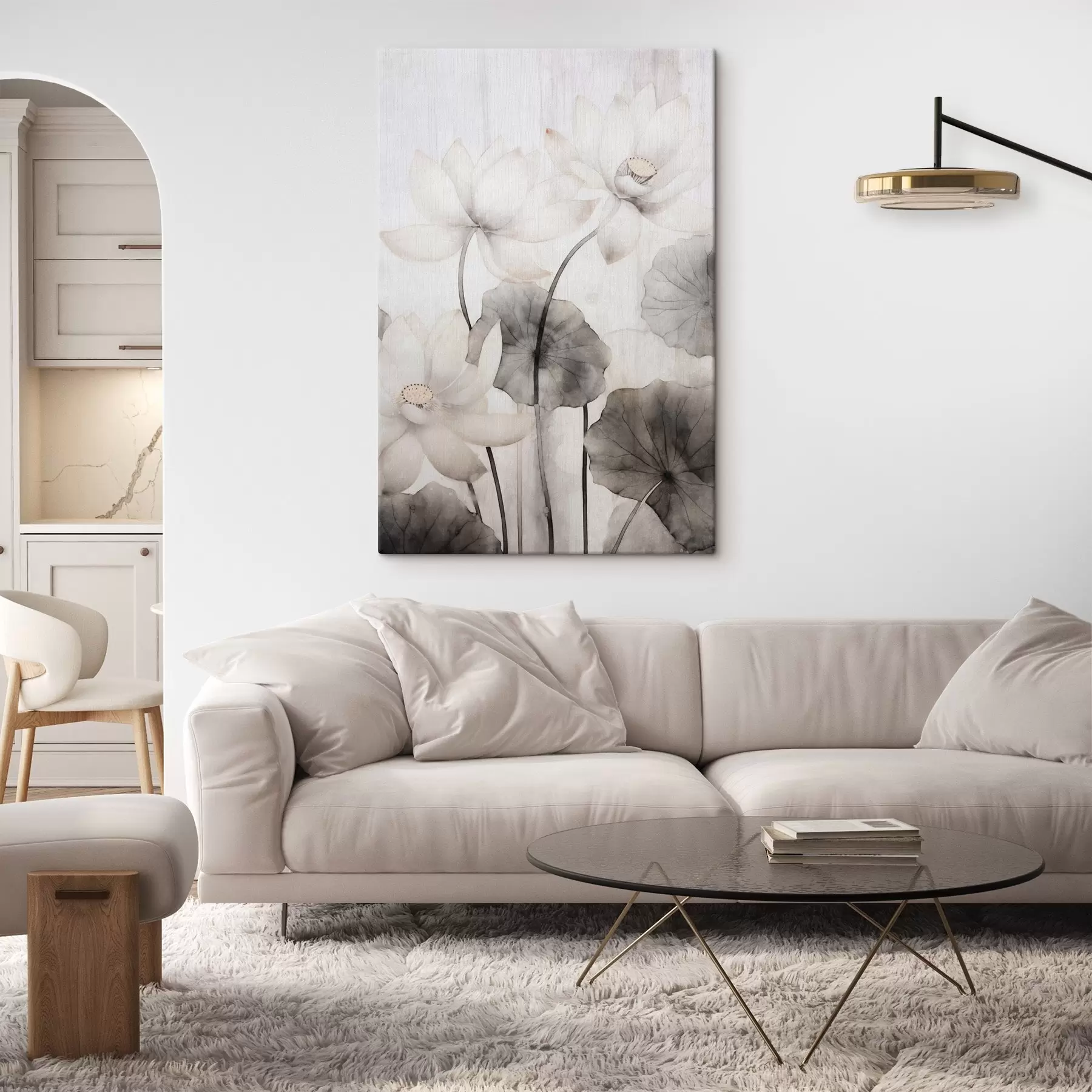 Obraz Bílé texturované lotosové květy s tmavými listy, světlé pozadí, minimalistický design Č. s45937