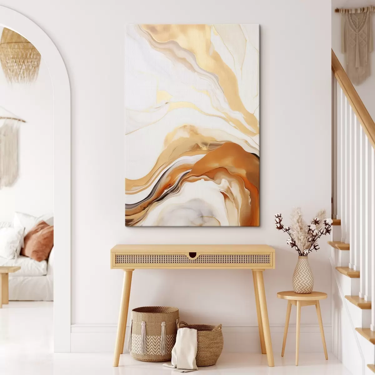 Obraz Abstraktní malba s plynulými tvary v odstínech bílé, oranžové a hnědé, minimalistická Č. s45938