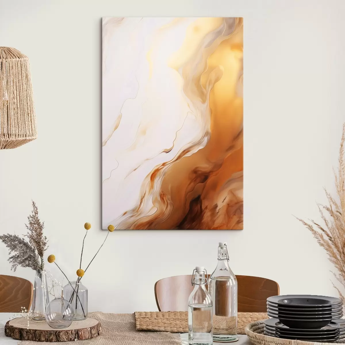 Obraz Abstraktní malba v bílé a oranžové barvě, fluidní umění s vlnitými liniemi, moderní umění Č. s45939