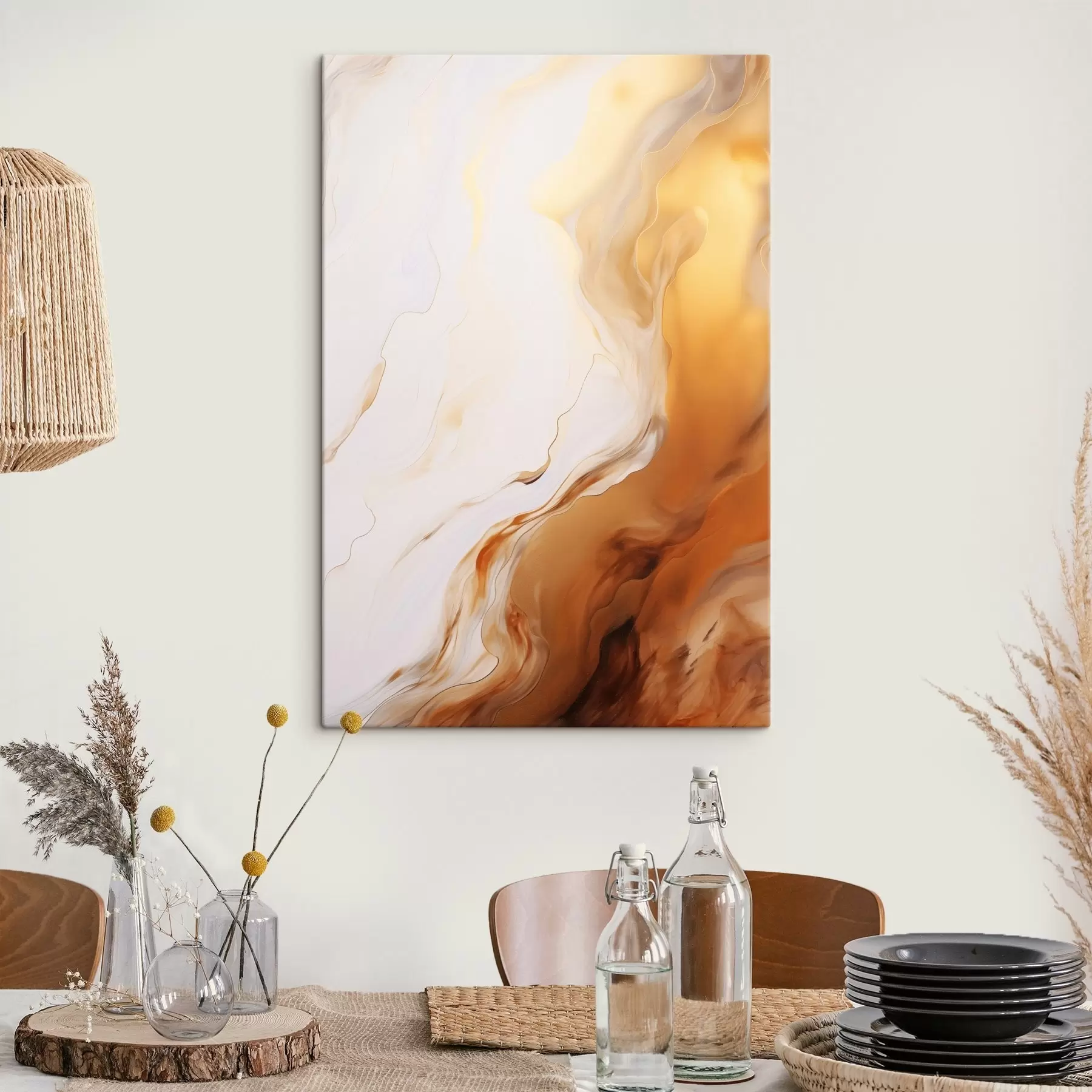Obraz Abstraktní malba v bílé a oranžové barvě, fluidní umění s vlnitými liniemi, moderní umění Č. s45939