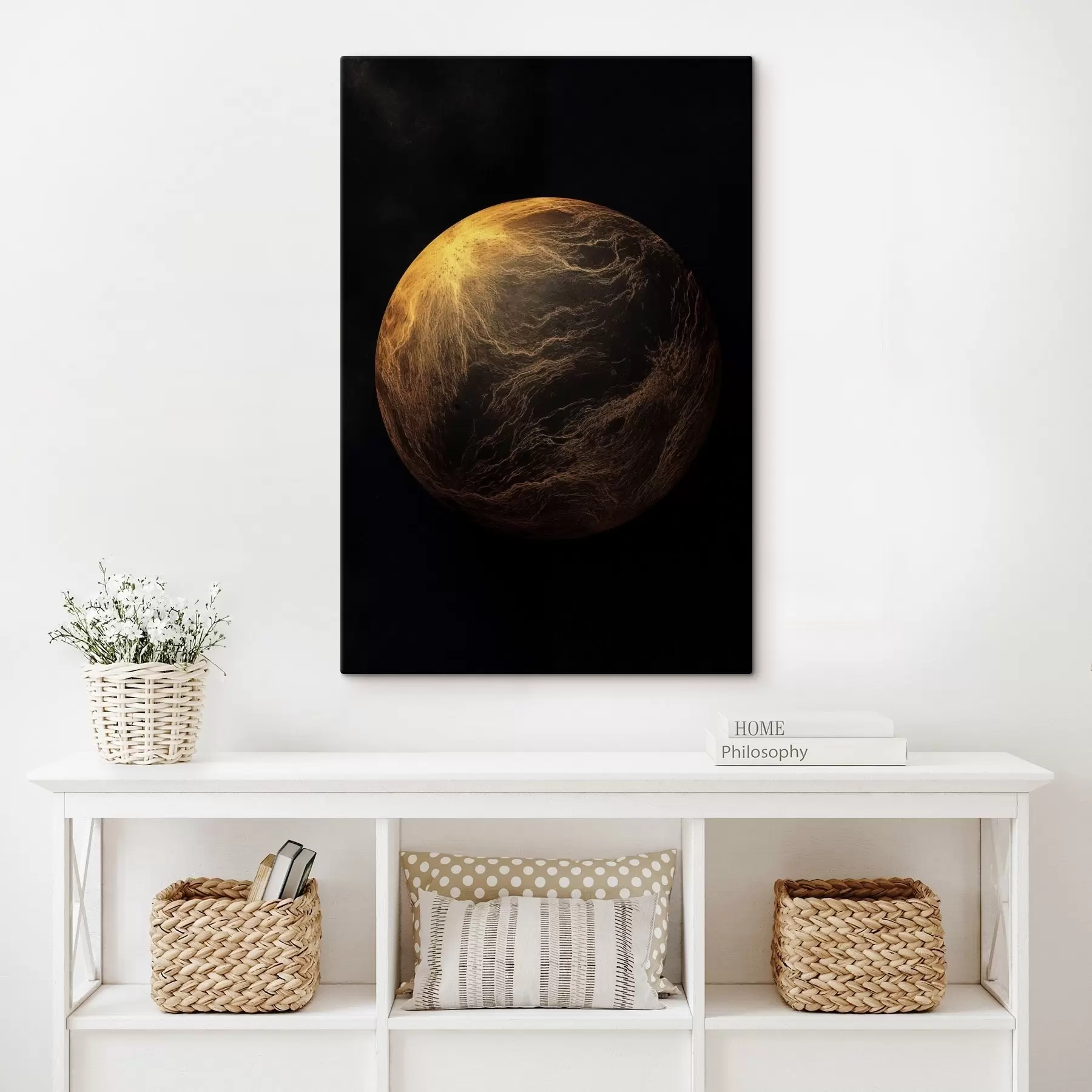 Obraz Abstraktní planeta s oranžovými žilkami na černém vesmírném pozadí, moderní minimalistické umění Č. s45943