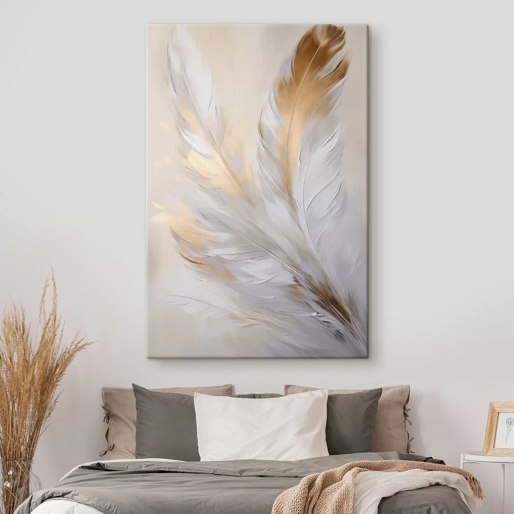 Obraz Peří s oranžovými akcenty, měkké osvětlení, minimalistická kompozice s texturou, moderní umění Č. s45944