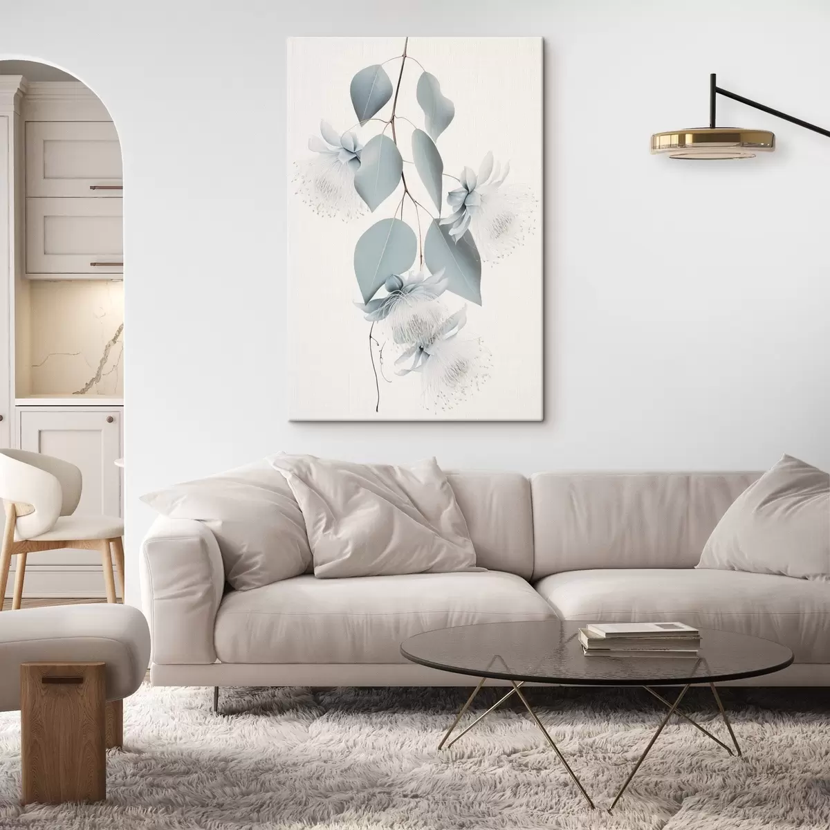 Obraz Eukalyptová větev s modrými listy a bílými květy, světlé pozadí Č. s45947