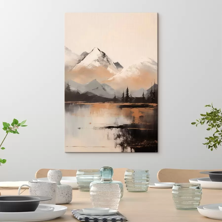 Obraz Zasněžené hory s texturou a několika stromy před jezerem Č. s45951