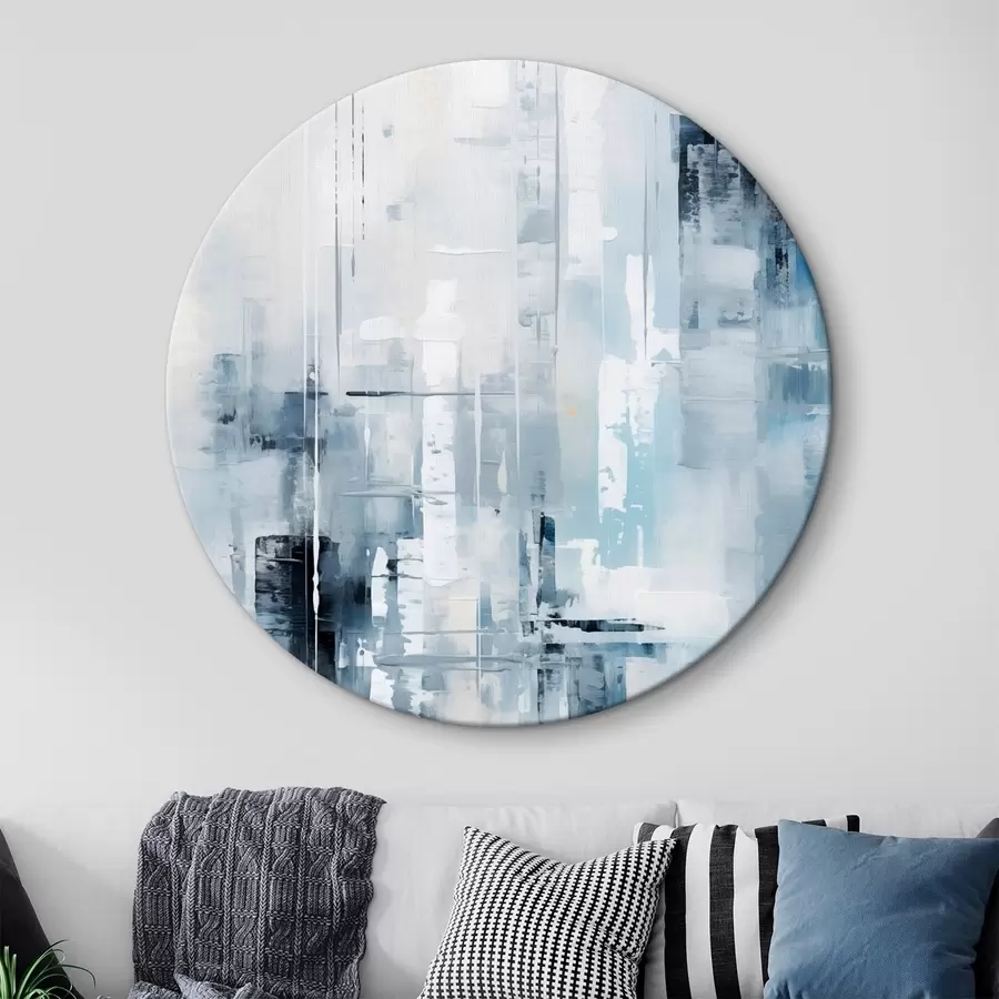 Obraz Abstraktní malba imitující modrou, šedou a bílou barvu, svislé čáry a geometrické tvary Č. r45927