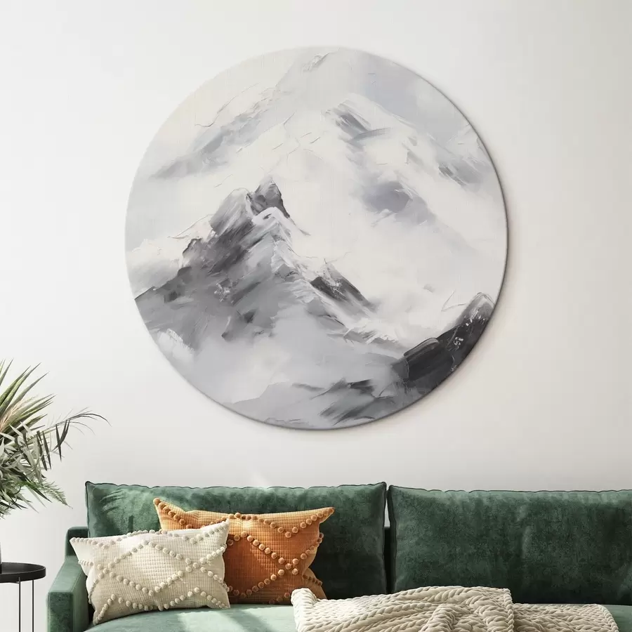 Obraz Zasněžené horské vrcholy se šedými stíny, šedá obloha, tahy štětcem, texturované, minimalistické Č. r45933