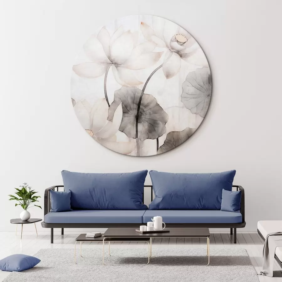 Obraz Bílé texturované lotosové květy s tmavými listy, světlé pozadí, minimalistický design Č. r45937