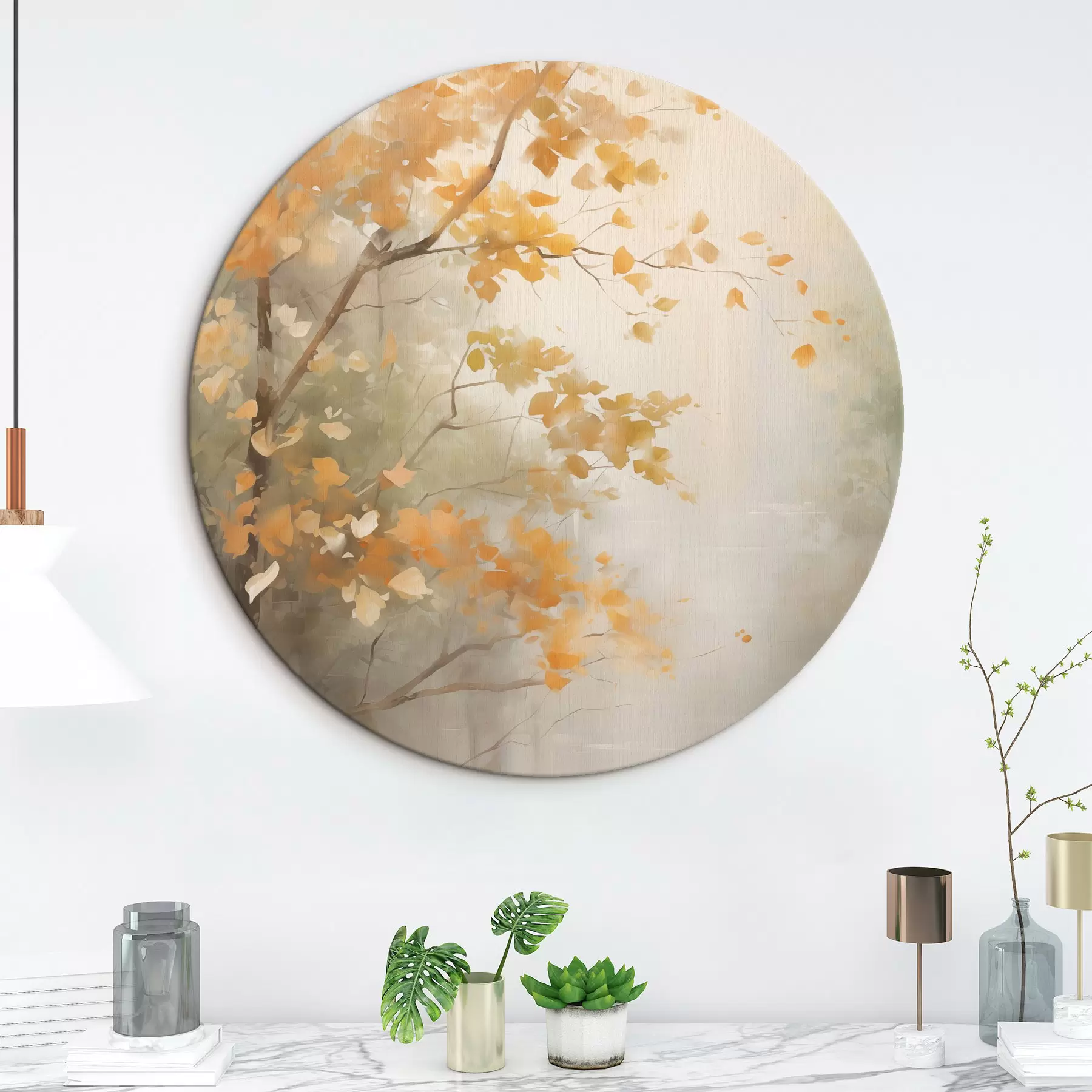 Obraz Podzimní větve stromů s oranžovými listy v lese s měkkým světlem Č. r45940