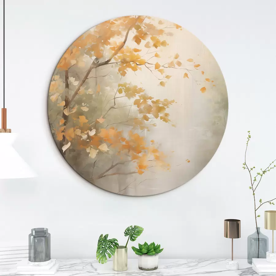 Obraz Podzimní větve stromů s oranžovými listy v lese s měkkým světlem Č. r45940