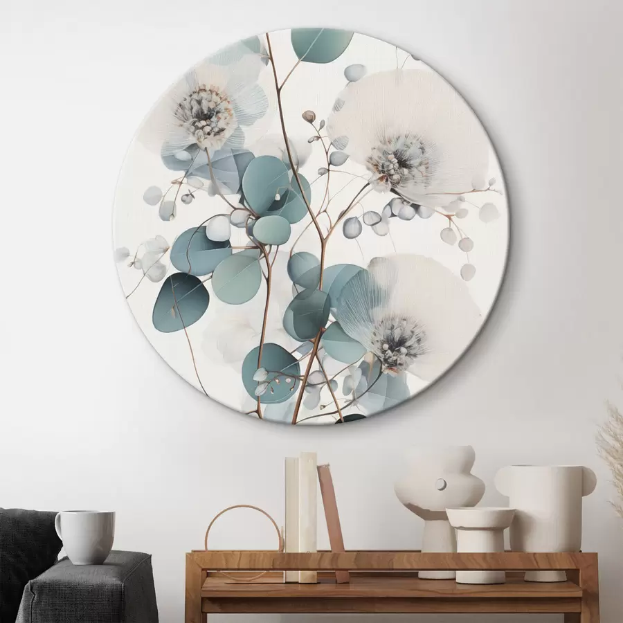 Obraz Abstraktní květy eukalyptu s bílými okvětními lístky, tlumeně zelené listy na větvích Č. r45946