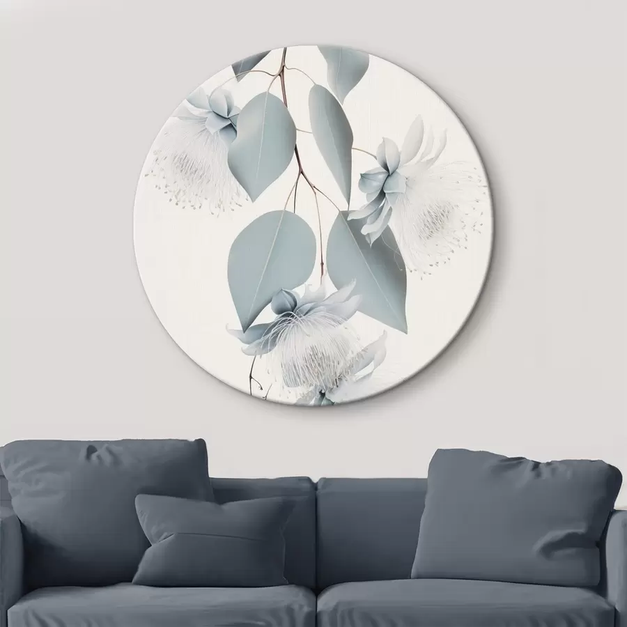 Obraz Eukalyptová větev s modrými listy a bílými květy, světlé pozadí Č. r45947