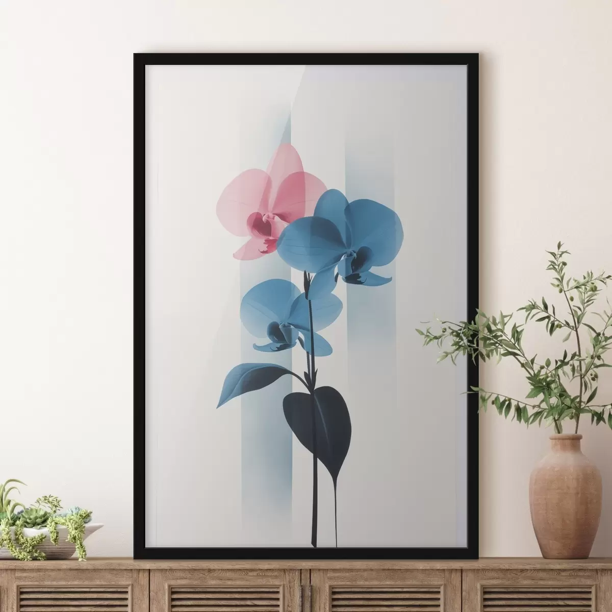 Poster Orchideje s listy na bílém pozadí s vertikálními pruhy f45925