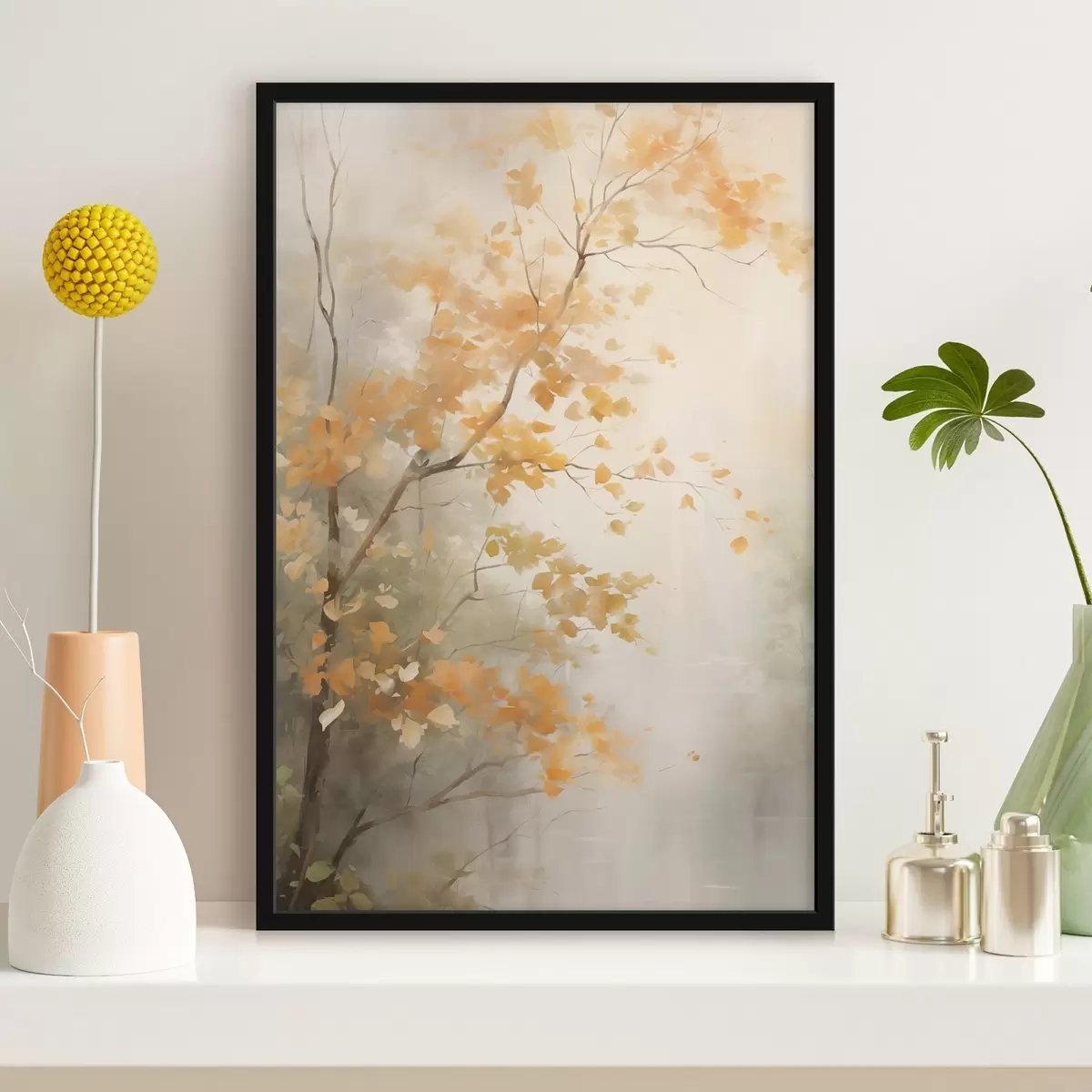 Poster Podzimní větve stromů s oranžovými listy v lese s měkkým světlem f45940