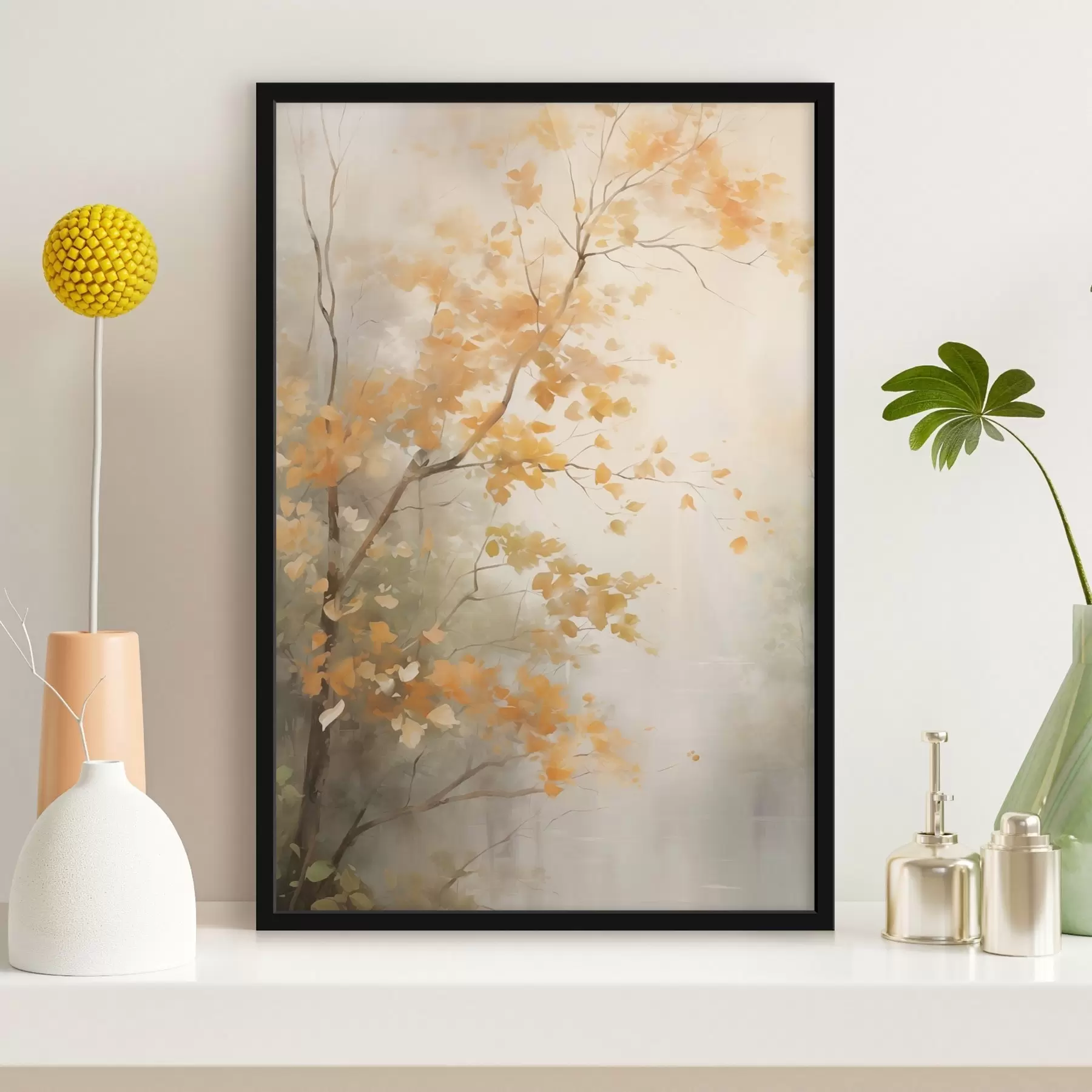 Fototapet Podzimní větve stromů s oranžovými listy v lese s měkkým světlem f45940