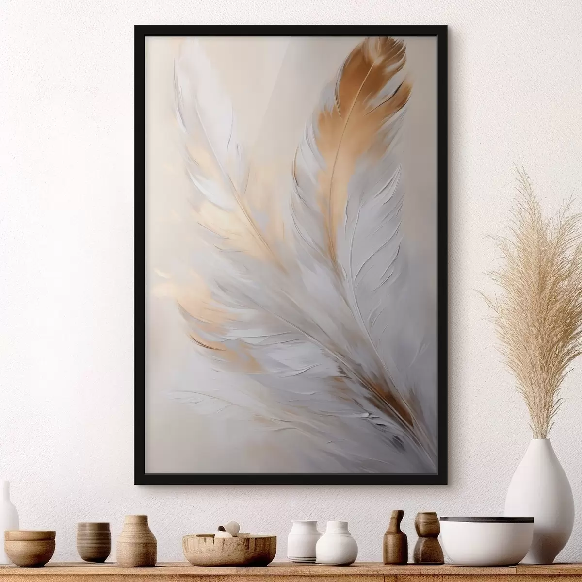 Poster Peří s oranžovými akcenty, měkké osvětlení, minimalistická kompozice s texturou, moderní umění f45944