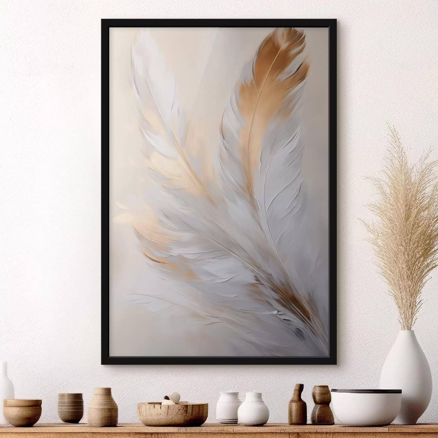 Fototapet Peří s oranžovými akcenty, měkké osvětlení, minimalistická kompozice s texturou, moderní umění f45944