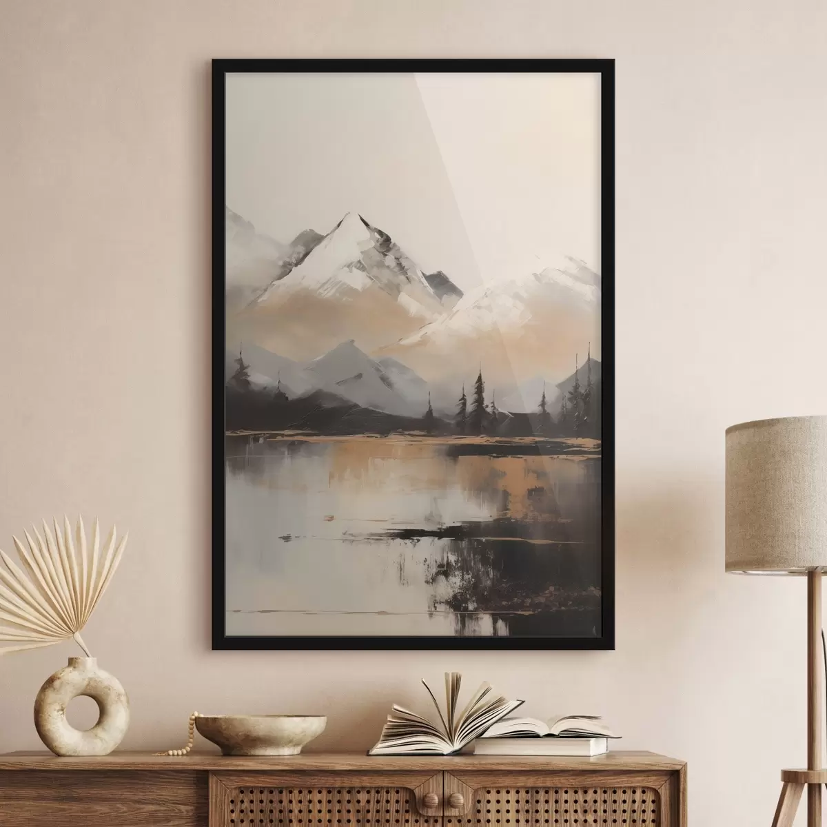 Poster Zasněžené hory s texturou a několika stromy před jezerem f45951