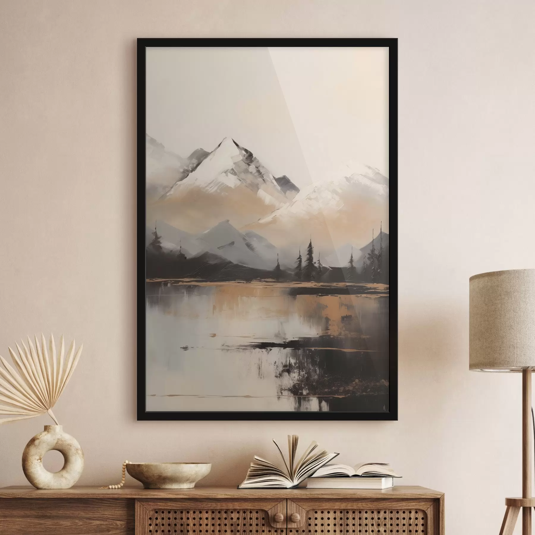 Fototapet Zasněžené hory s texturou a několika stromy před jezerem f45951