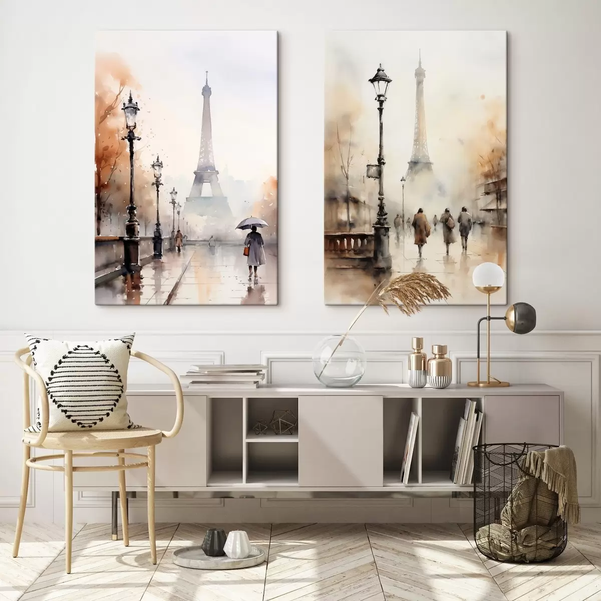 Obraz Deštivý podzimní den v Paříži s Eiffelovou věží v pozadí a vintage pouličními lampami Č. m00821