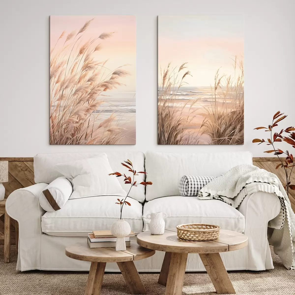 Obraz Pampová tráva v pastelových oranžových barvách, světle růžová obloha, klidná krajina Č. m00823