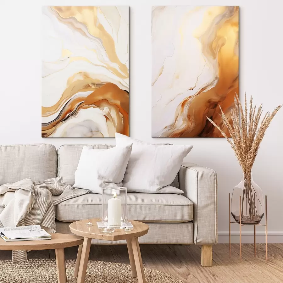Obraz Abstraktní malba v bílé a oranžové barvě, fluidní umění s vlnitými liniemi, moderní umění Č. m00825