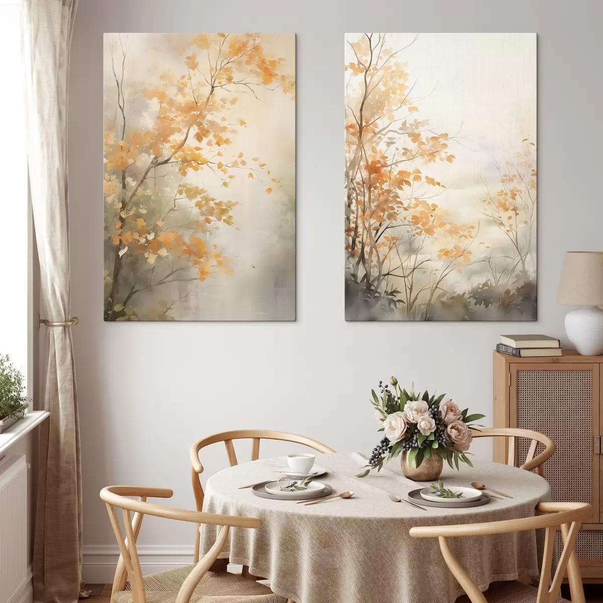 Obraz Podzimní stromy s oranžovými listy a větvemi, jemný akvarelový styl, delikátní tahy štětcem Č. m00826