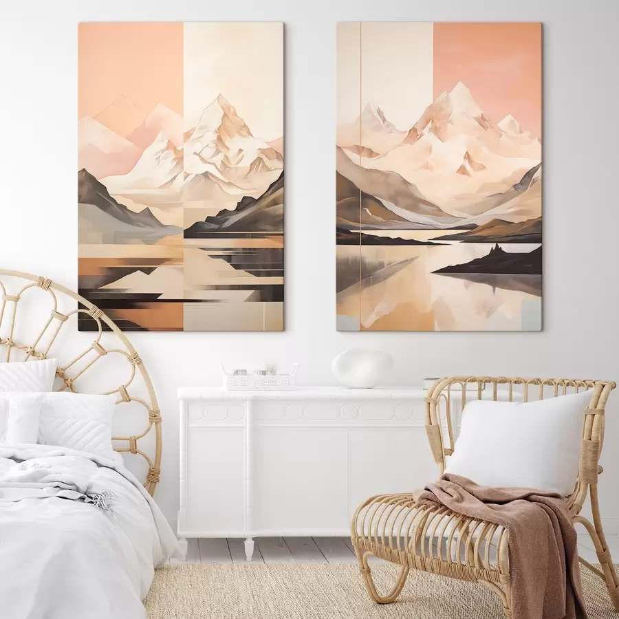 Obraz Abstraktní krajina s horami a jezerem, pastelové barvy, minimalistický styl Č. m00830