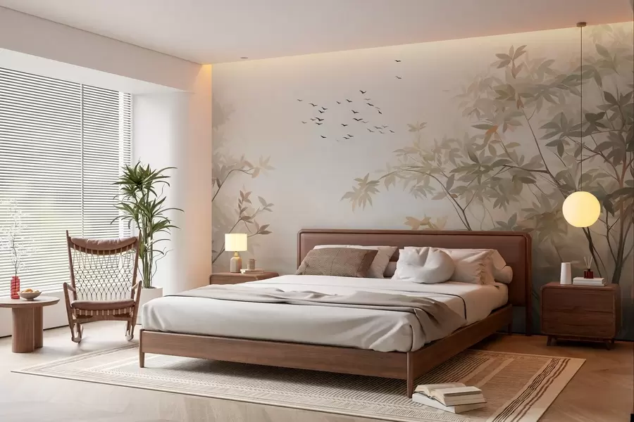 Fototapet Texturovaná krajina se stromy a hejnem ptáků letících po obloze, pastelové barvy, přírodní scéna  w09418