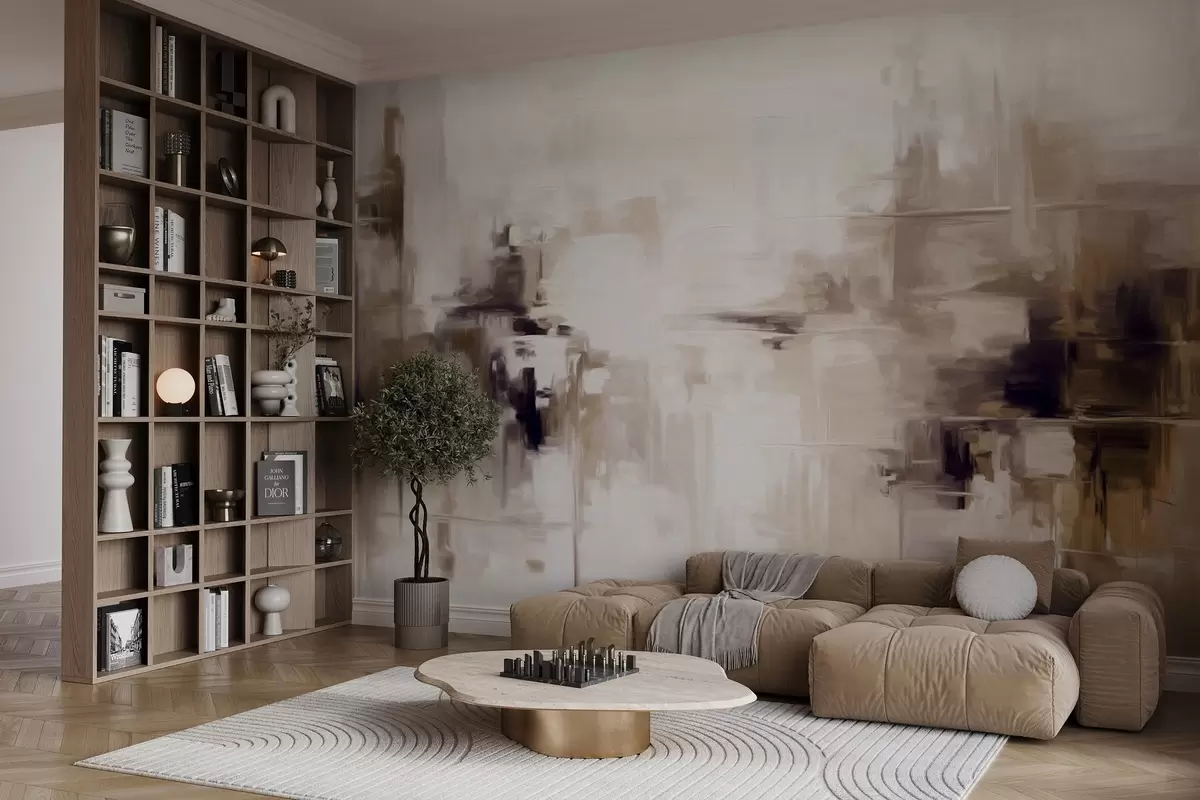 Fototapet Abstraktní texturovaná imitace krajinomalby s hnědými a bílými tahy štětcem, moderní styl w09422v1