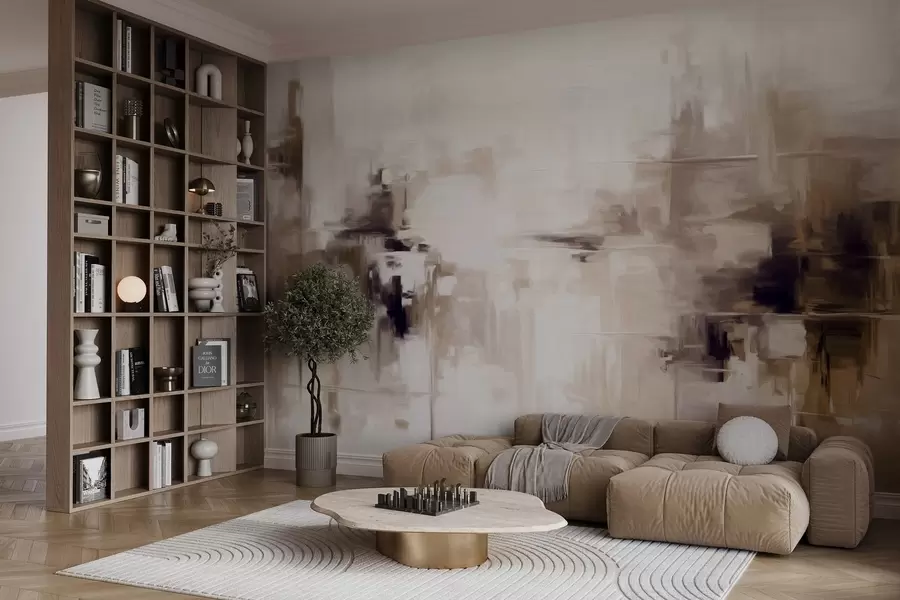 Fototapet Abstraktní texturovaná imitace krajinomalby s hnědými a bílými tahy štětcem, moderní styl w09422v1