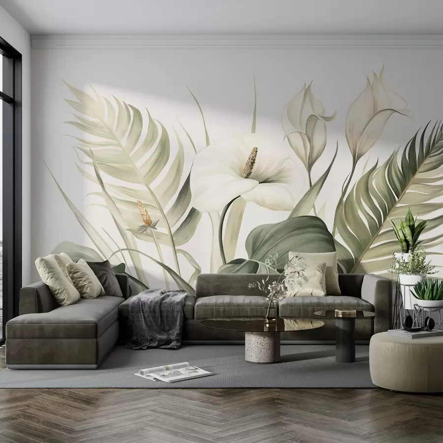 Fototapet Bílé kaly a zelené tropické listy, botanická ilustrace, světlé pozadí, vintage styl, texturované w09423