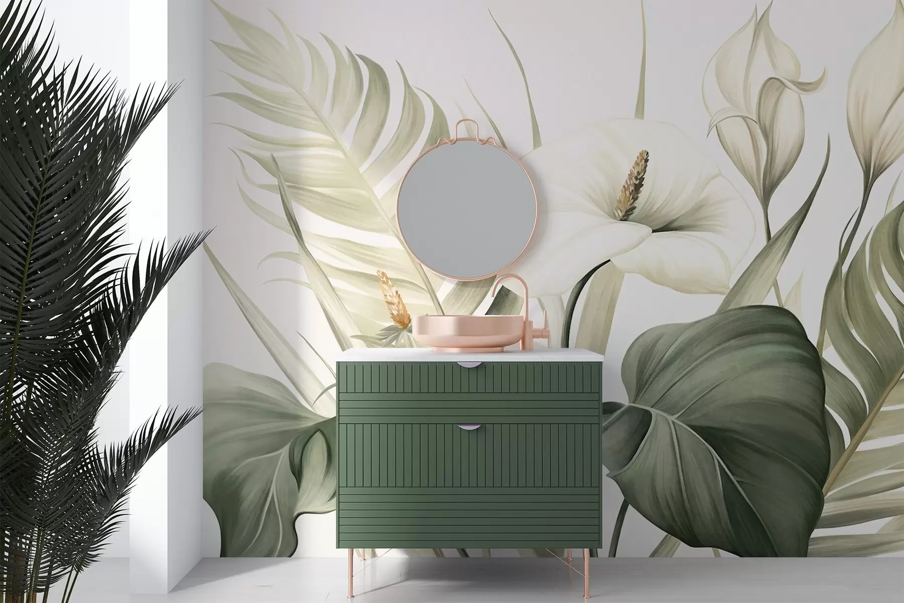 Fototapet Bílé kaly a zelené tropické listy, botanická ilustrace, světlé pozadí, vintage styl, texturované w09423