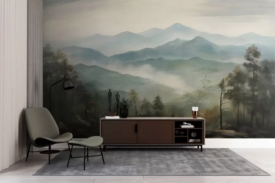 Fototapet Zamlžené pohoří se stromy, mlha, zatažená obloha, tlumené barvy, styl krajinomalby w09424