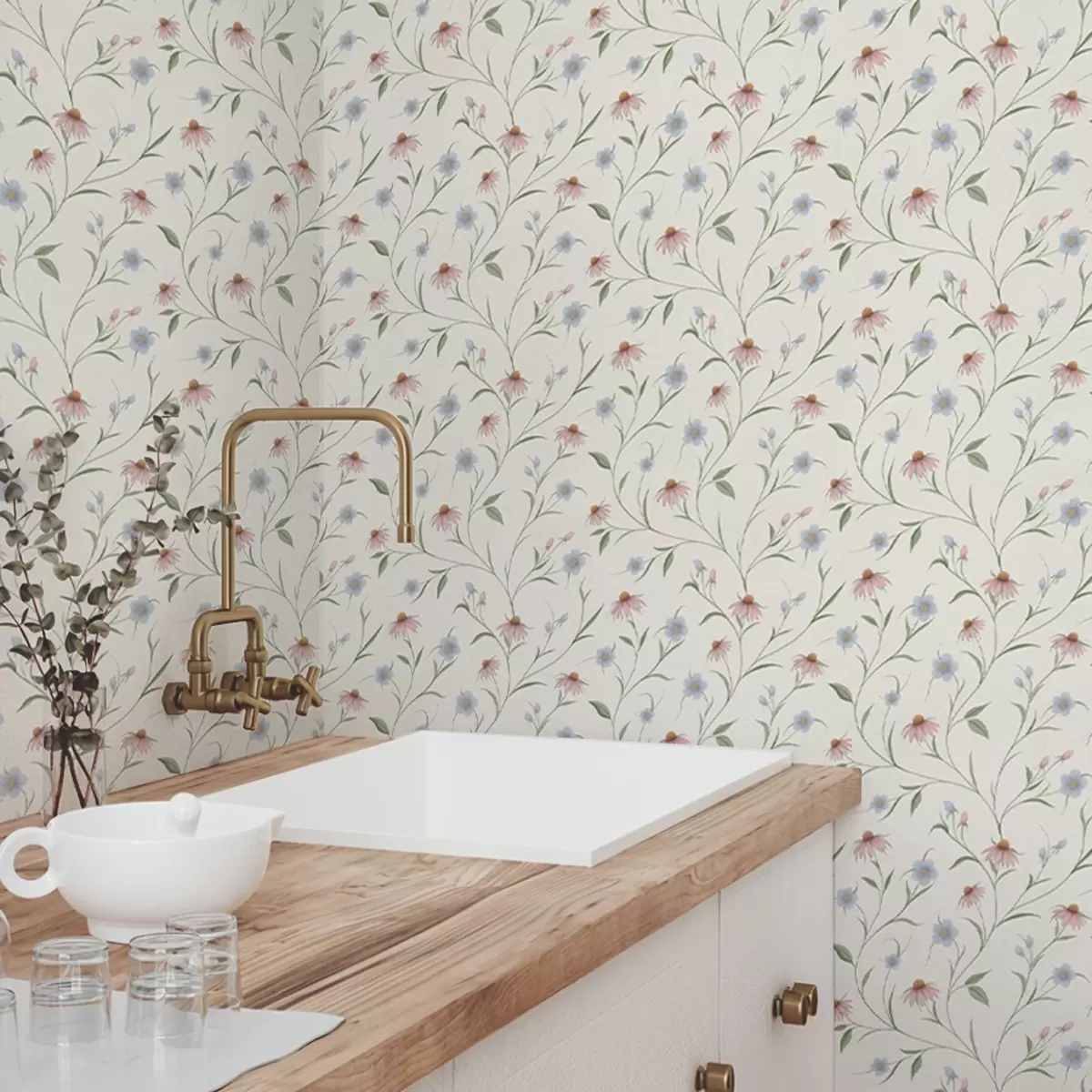 Tapety Pole sedmikrásky a echinacea na krémovém pozadí, lehkost a00614